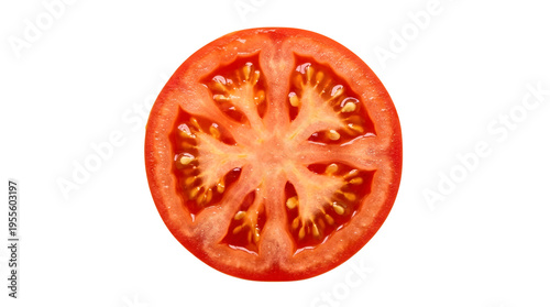 Fresh red tomato cut in half slice showing seeds isolated on transparent background