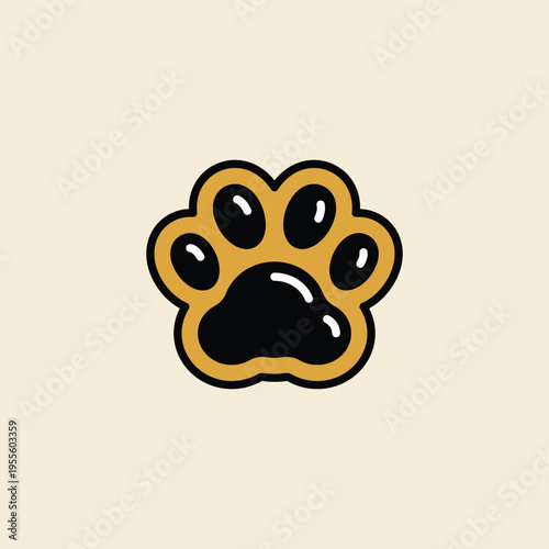 Cartoon paw print, bold outlines, warm beige background. Dark pads contrast with golden edges, stylized and clean. Ideal for pet brands, animal care, or playful design needs