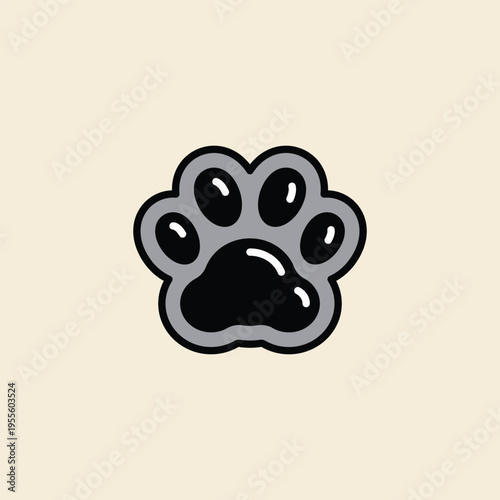 Gray paw print with glossy black pads. Simple design, clean background. Ideal for pet-related projects. Cute and versatile for digital use. Perfect for apps, websites, or branding