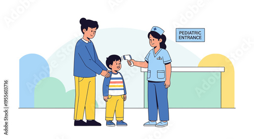 Pediatrician checks child's temperature at hospital entrance with father