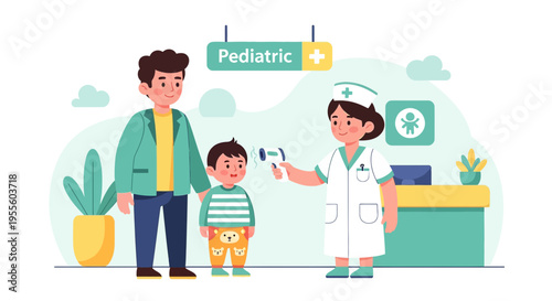 Pediatrician checks child's temperature with infrared thermometer, father present