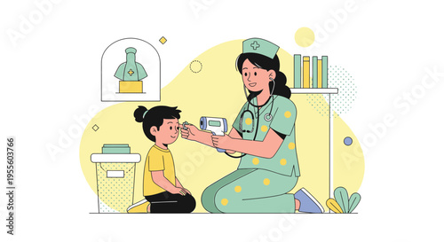 Pediatrician examining child's ear with digital thermometer in clinic, illustration