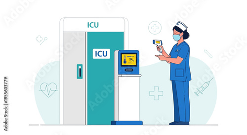 Nurse uses thermometer at ICU entrance, healthcare technology, medical screening
