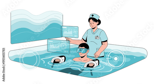 Nurse uses VR to guide patient in hydrotherapy pool with futuristic interface