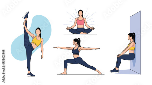 Group of active women performing various yoga poses and fitness exercises for physical health and mental wellness on a white background.