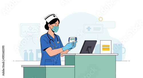 Nurse wearing mask and gloves checks temperature with infrared thermometer at desk