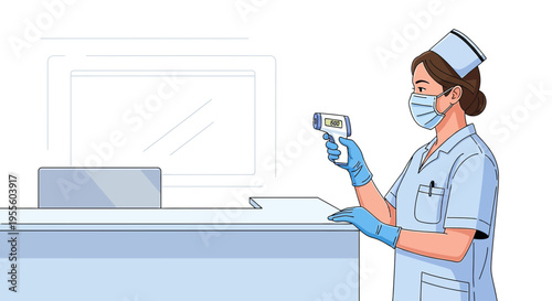 Nurse wearing mask and gloves uses infrared thermometer to check temperature at reception desk