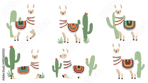 Collection of cute llamas and alpacas with colorful decorative blankets standing amongst green desert cacti on a white background.
