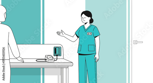 Nurse welcomes patient to medical examination room with blood pressure monitor