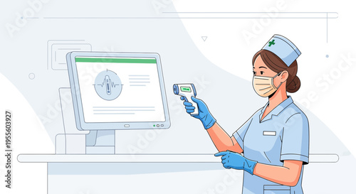 Nurse wearing mask and gloves uses infrared thermometer to check temperature on computer screen