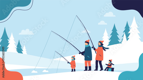 Happy family enjoys a fun day of ice fishing on a frozen lake surrounded by snow covered pine trees during a cold winter vacation.
