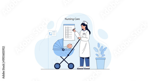 Nurse with baby stroller, checking nursing care checklist on clipboard, medical concept