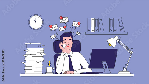 Exhausted businessman sits at his office desk late at night overwhelmed by mountains of paperwork and constant digital notifications.