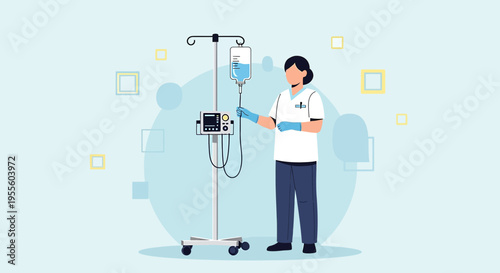 Nurse with IV drip and infusion pump, medical care, hospital equipment, healthcare concept