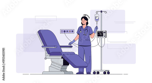 Nurse with IV Drip and Medical Chair in Modern Clinic Room - Healthcare Illustration