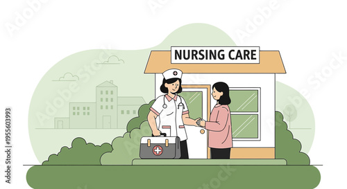 Nurse with Medical Bag Greets Patient Outside Nursing Care Home Building