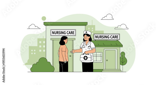 Nurse with medical bag greets patient outside nursing care building, healthcare concept