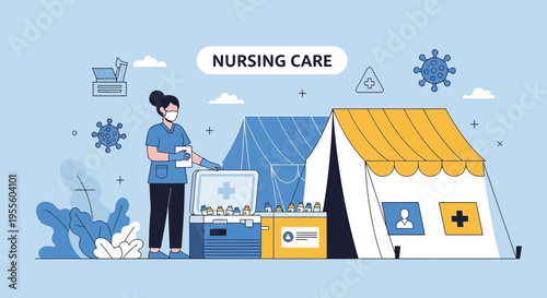 Nursing care concept, medical tents, nurse, medical supplies, virus protection, healthcare illustration