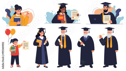 Diverse group of happy graduates of various ages and ethnicities celebrate their academic success by holding diplomas in their gowns.