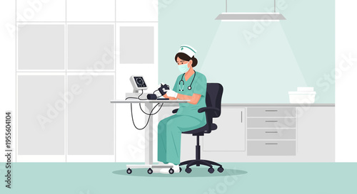 Nurse working with medical equipment in a modern clinic or hospital room