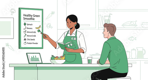 Nutritionist explains healthy green smoothie recipe to man in kitchen