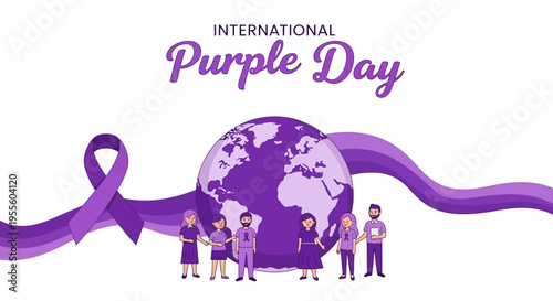 Illustration of diverse people standing around a purple globe with a ribbon for International Purple Day to raise epilepsy awareness