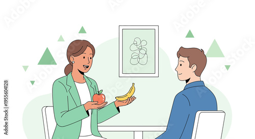 Nutritionist offers apple and banana to man, promoting healthy eating and lifestyle choices