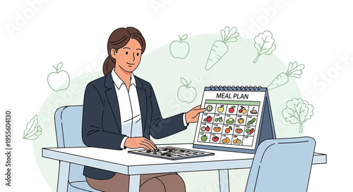 Nutritionist plans healthy meals for diet, showing weekly meal plan calendar with food icons.