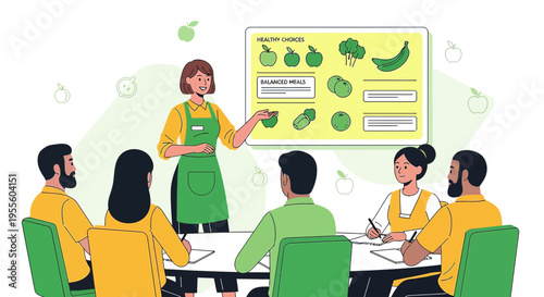 Nutritionist teaching healthy eating habits, showing fruits and vegetables on a whiteboard