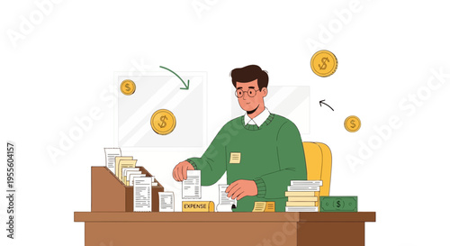 Accountant working with bills and coins, financial calculation and accounting concept