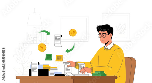 Accountant calculating finances, coins, bills and receipts on desk, business concept