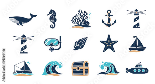 Nautical icons for ocean inspired designs and coastal themes