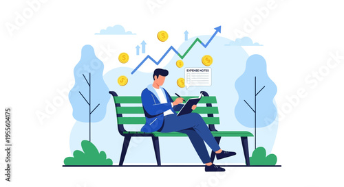 Businessman analyzing financial growth chart on park bench, investment concept