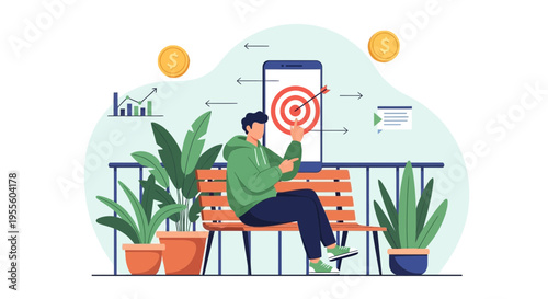 Man Achieving Goals on Mobile Phone, Business Success and Investment Concept