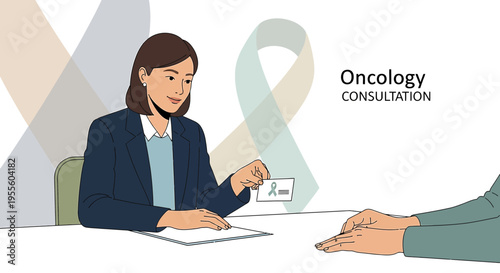 Oncology Consultation: Doctor Gives Business Card to Patient, Cancer Support Ribbons