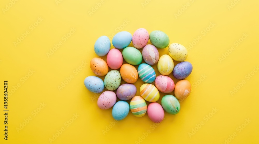 Obraz premium Colorful Easter Eggs Arranged on Bright Yellow Background