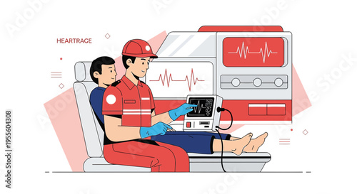 Paramedic checks patient's heart rate on monitor in ambulance, medical emergency
