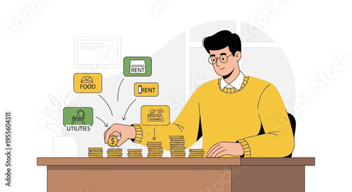 Man budgeting money, stacking coins for rent, food, and utilities, financial planning concept