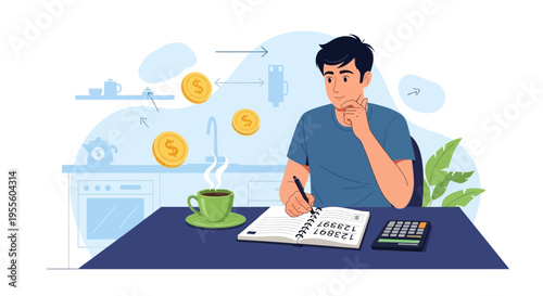 Man calculating finances at home with coffee, coins, and calculator