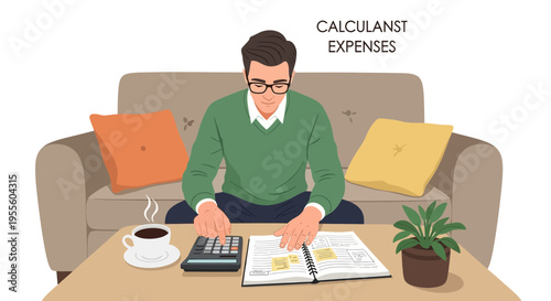 Man calculating expenses at home, sitting on sofa with coffee and plant