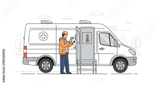 Paramedic checks temperature of ambulance using infrared thermometer for COVID-19 screening