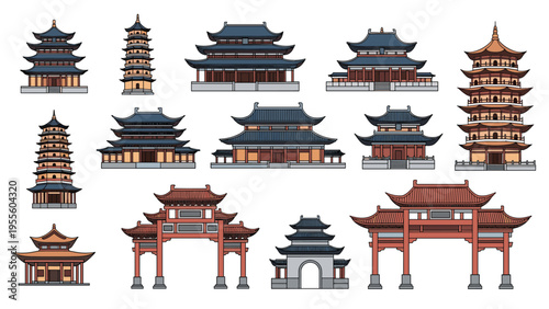 Set of traditional East Asian architectural structures includes various multi-story pagodas, temple buildings, and ornamental gates.