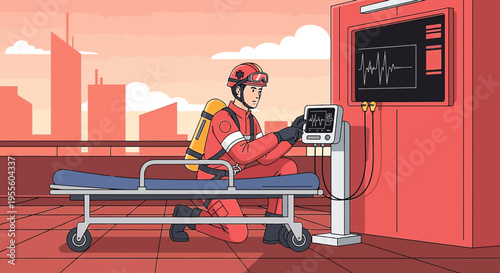 Paramedic checks vital signs on monitor next to stretcher on rooftop with city skyline