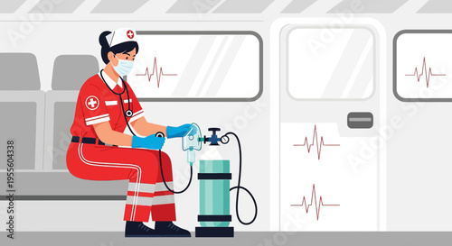 Paramedic in ambulance administering oxygen therapy to patient, medical emergency concept