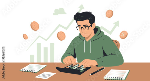Man Calculating Finances with Growth Chart and Coins