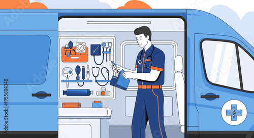Paramedic in Ambulance Interior Organizing Medical Supplies and Equipment