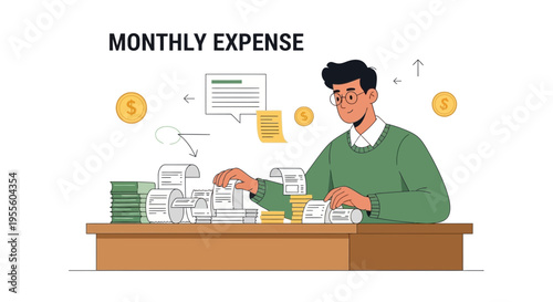 Man Calculating Monthly Expenses with Receipts and Coins on Desk