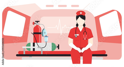 Paramedic in Ambulance with Medical Equipment, Emergency Care, Lifesaving Concept