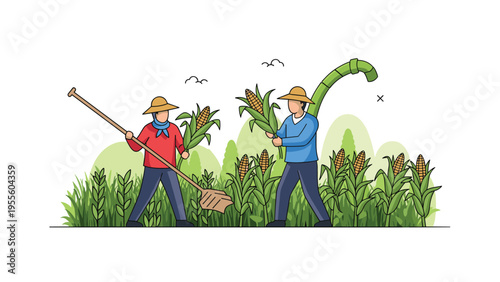 Two hardworking farmers wearing straw hats harvest ripe ears of corn from tall green stalks in a lush agricultural field at sunset.