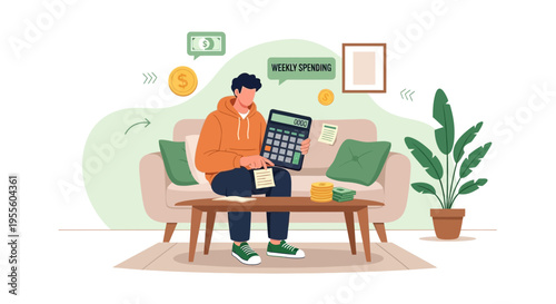 Man calculating weekly expenses on couch with calculator and money, financial planning concept